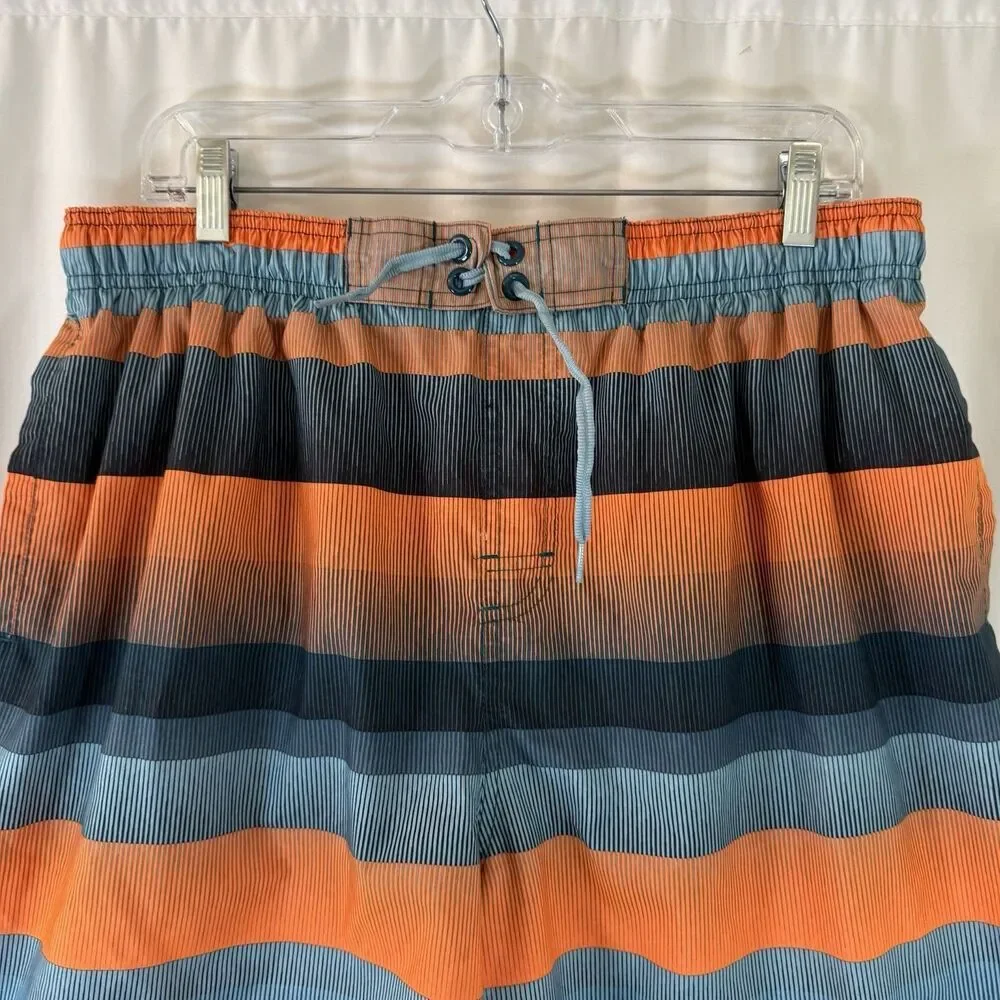 Nike Swim Trunks Men's XXL Orange Blue Striped Drawstring Lined Pockets Elastic